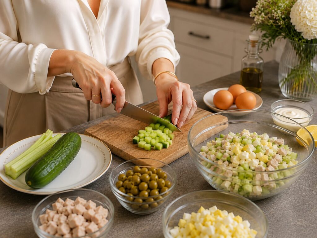 Салат с индейкой, яйцами и зелёными оливками 12 Нарезание огурца для салата с индейкой