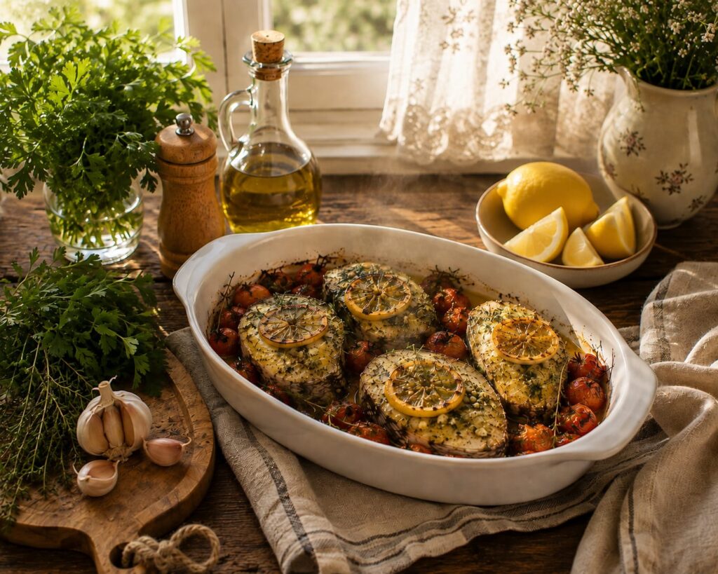 Готовая зубатка с помидорами и лимоном