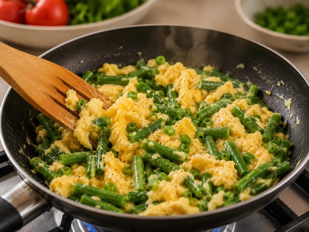 🍳 Скрембл со стручковой фасолью — мой летний завтрак 20 Готовый скрембл со стручковой фасолью на сковороде