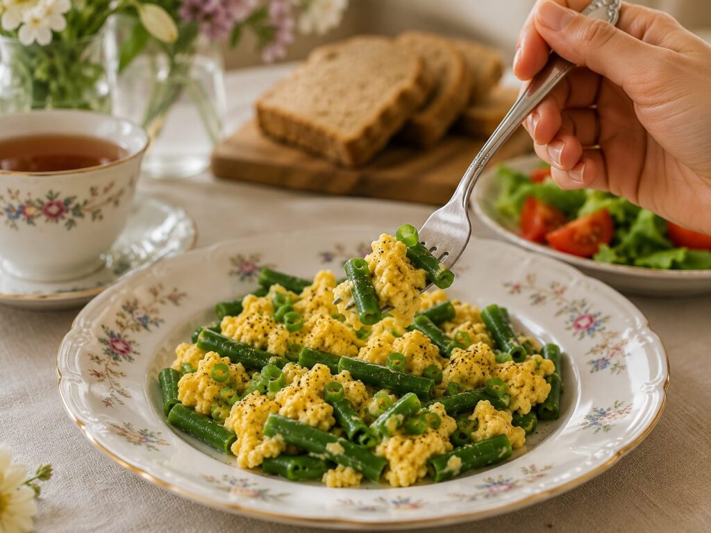 🍳 Скрембл со стручковой фасолью — мой летний завтрак 21 Нежный золотистый скрембл со стручковой фасолью готовится на слабом огне и остаётся мягким.