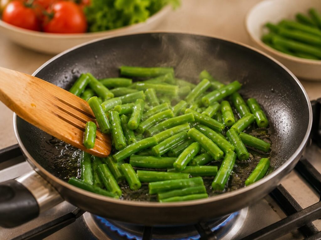 🍳 Скрембл со стручковой фасолью — мой летний завтрак 18 Стручковая фасоль на сковороде
